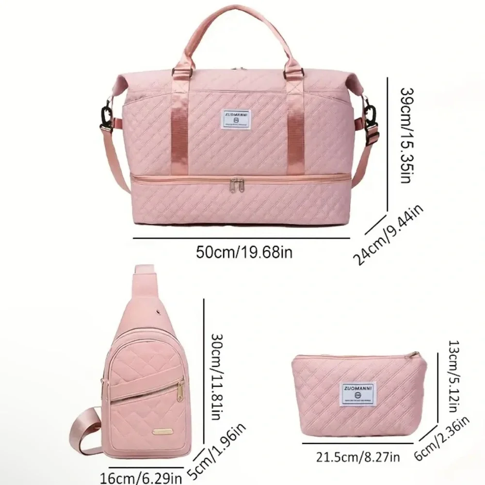 3 piece Pink Quilted Travel Bag Set with Versatile Design brand new - Picture 3 of 8